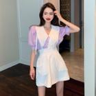 Contrast Collar Short-sleeve Dotted Blouse / High-waist Mini A-line Jumper Skirt