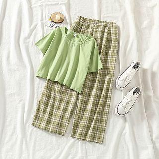 Plain Crewneck Short-sleeve T-shirt / Color-block Plaid High-waist Pants
