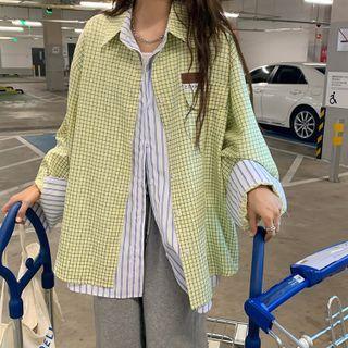 Stripe Panel Houndstooth Shirt Check - Light Yellow - One Size