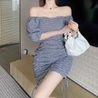 Gingham Puff-sleeve Drawstring Mini Bodycon Dress