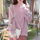 Tulle-cuff Flower-embroidered Pullover