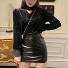 Rhinestone Keyhole Velvet Blouse / Faux Leather Mini A-line Skirt As Shown In Figure - One Size