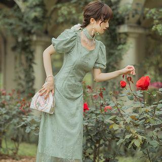 Short-sleeve Fringed Lace Midi Dress