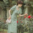 Short-sleeve Fringed Lace Midi Dress