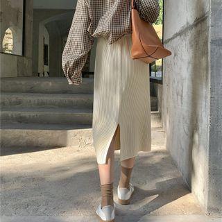 Ribbed Knit Midi A-line Skirt