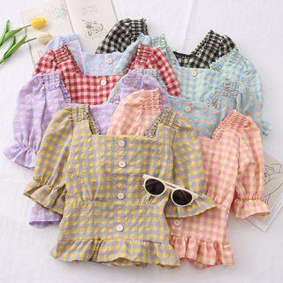 Ruffle-hem Checker Cropped Blouse