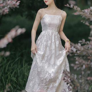 Spaghetti Strap Floral Pattern Midi A-line Dress