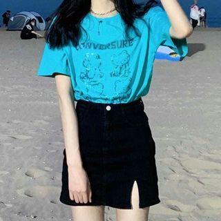 Short-sleeve Bear Print T-shirt / Side-slit Denim Mini Pencil Skirt / Set