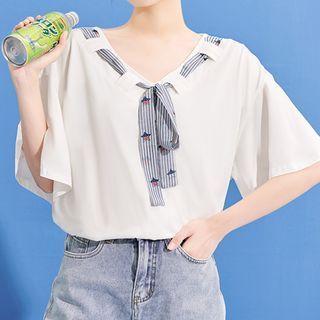 Elbow-sleeve Bow-neck Top