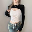 Set: Cross Strap Lace-up Cropped Camisole Top + Long Sleeve Plain Shrug