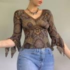 Elbow-sleeve Lace Trim Print Top