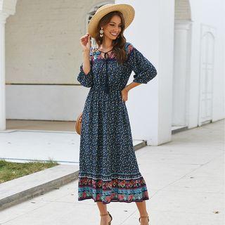 Printed Puff-sleeve Midi Shift Dress