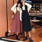 Long-sleeve Turtleneck T-shirt / Plain Midi Pinafore Dress