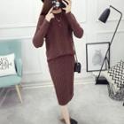 Set: Cable-knit Long-sleeve Top + Midi Knitted Skirt
