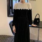Mock Neck Lace Panel Velvet A-line Dress Black - One Size