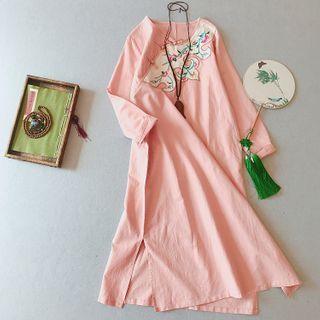 Long-sleeve Embroidered Frog Buttoned Midi Dress
