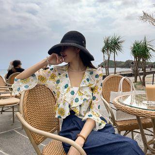 Collared Ruffled Floral Cropped Blouse