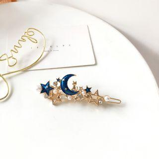 Moon & Star Faux Pearl Rhinestone Hair Clip 1 Pc - Blue & Gold - One Size