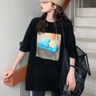 Printed Elbow-sleeve T-shirt / Long-sleeve Lace Top