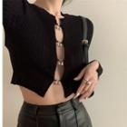 Long-sleeve Cutout Top / Faux Leather Pants