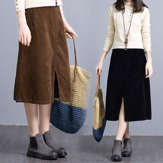 Split Hem Corduroy Midi A-line Skirt