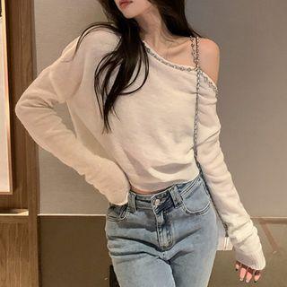 Long-sleeve Cold Shoulder Rhinestone Trim Knit Top