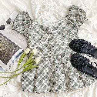 Short-sleeve Halter Plaid Cropped Top / Plaid A-line Mini Skirt