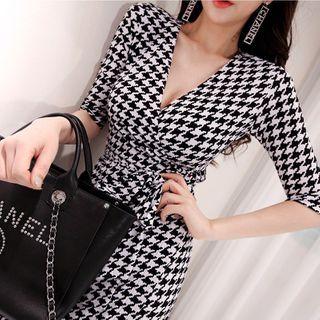 Houndstooth Elbow-sleeve Maxi A-line Dress