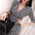 Houndstooth Elbow-sleeve Maxi A-line Dress