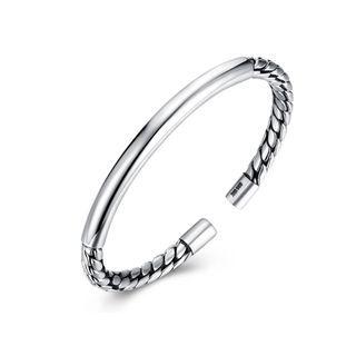 925 Sterling Silver Fashion Simple Geometric Round Textured Open Bangle Silver - One Size