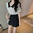 Contrast Trim Short-sleeve Knit Top / High-waist Mini A-line Skirt