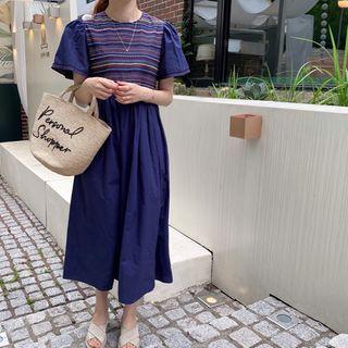 Flutter-sleeve Embroidered-panel A-line Dress