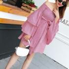 Gingham Off-shoulder Bell-sleeve A-line Dress