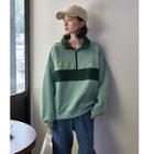 Letter Embroidered Contrast Color Zip Pullover Green - One Size
