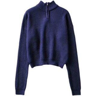 Ribbed Knit Half-zip Knit Top Navy Blue - One Size