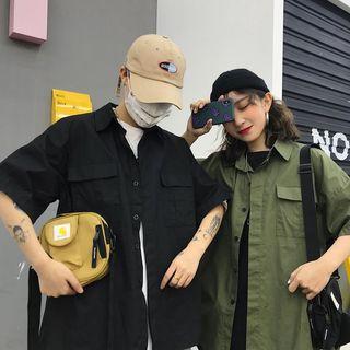 Couple Matching Pocket Detail Oversize Elbow-sleeve Shirt