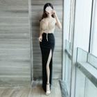 Mock Two-piece Drawstring Short-sleeve Maxi Sheath Dress