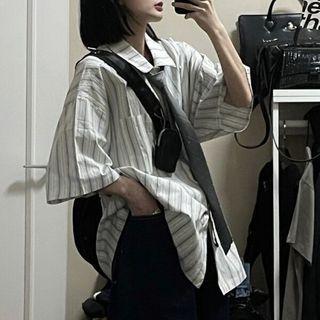 Short-sleeve Striped Oversized Shirt