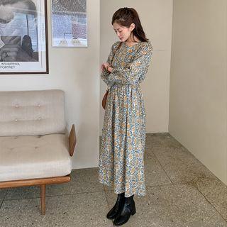 Contrast-trim Tie-waist Floral Long Dress