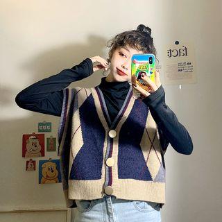 Cowl-neck Long Sleeve T-shirt / Argyle Patterned Vest