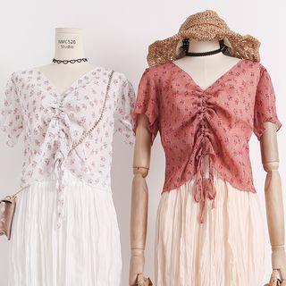 V-neck Drawstring Floral Blouse