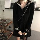 Long-sleeve Plain Velvet Sailor Collar Dress Black - One Size