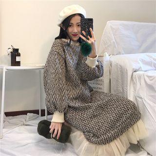 Long-sleeve Tweed Midi Dress Khaki - One Size