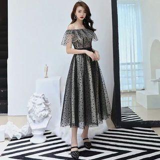 Off-shoulder Dotted Mesh Panel A-line Dress