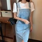 Fitted Denim Midi Pinafore Dress