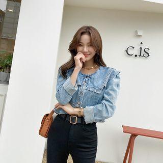 Wide-collar Denim Peplum Blouse Light Blue - One Size