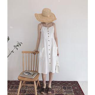 Buttoned Spaghetti Strap Midi Flare Dress