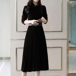Long-sleeve Velvet Midi Accordion Pleat Dress