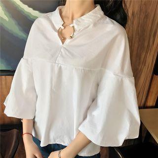 Puff-sleeve V-neck Blouse White - One Size