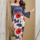 Set: Bell Sleeve Off-shoulder Top + Printed Pencil Skirt